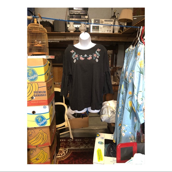 Black Blouse with Floral Design - Picture 1 of 5